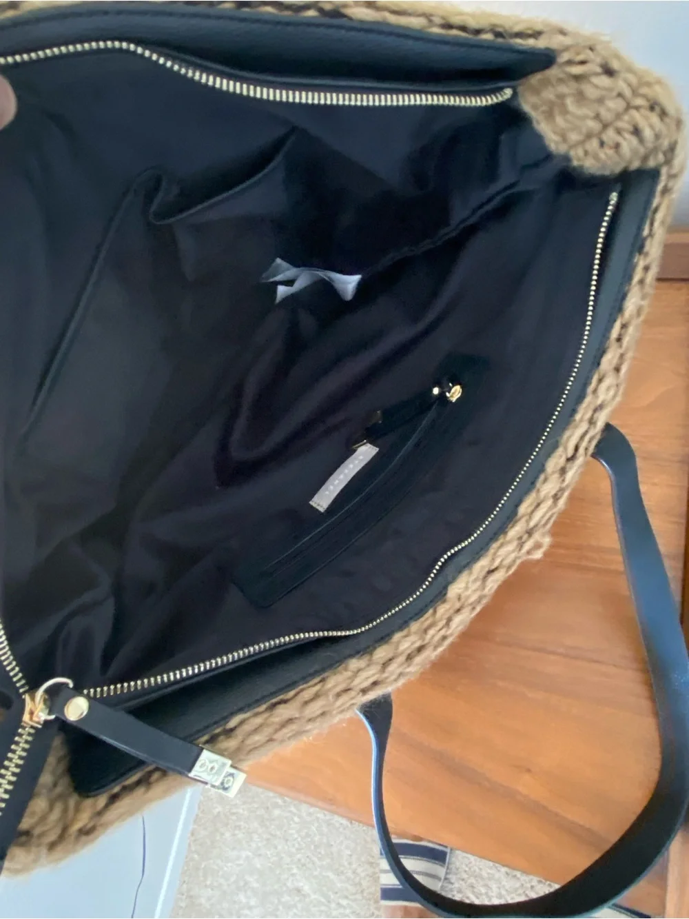 Stefanel Camel Knit Tote with Black Leather Handles
